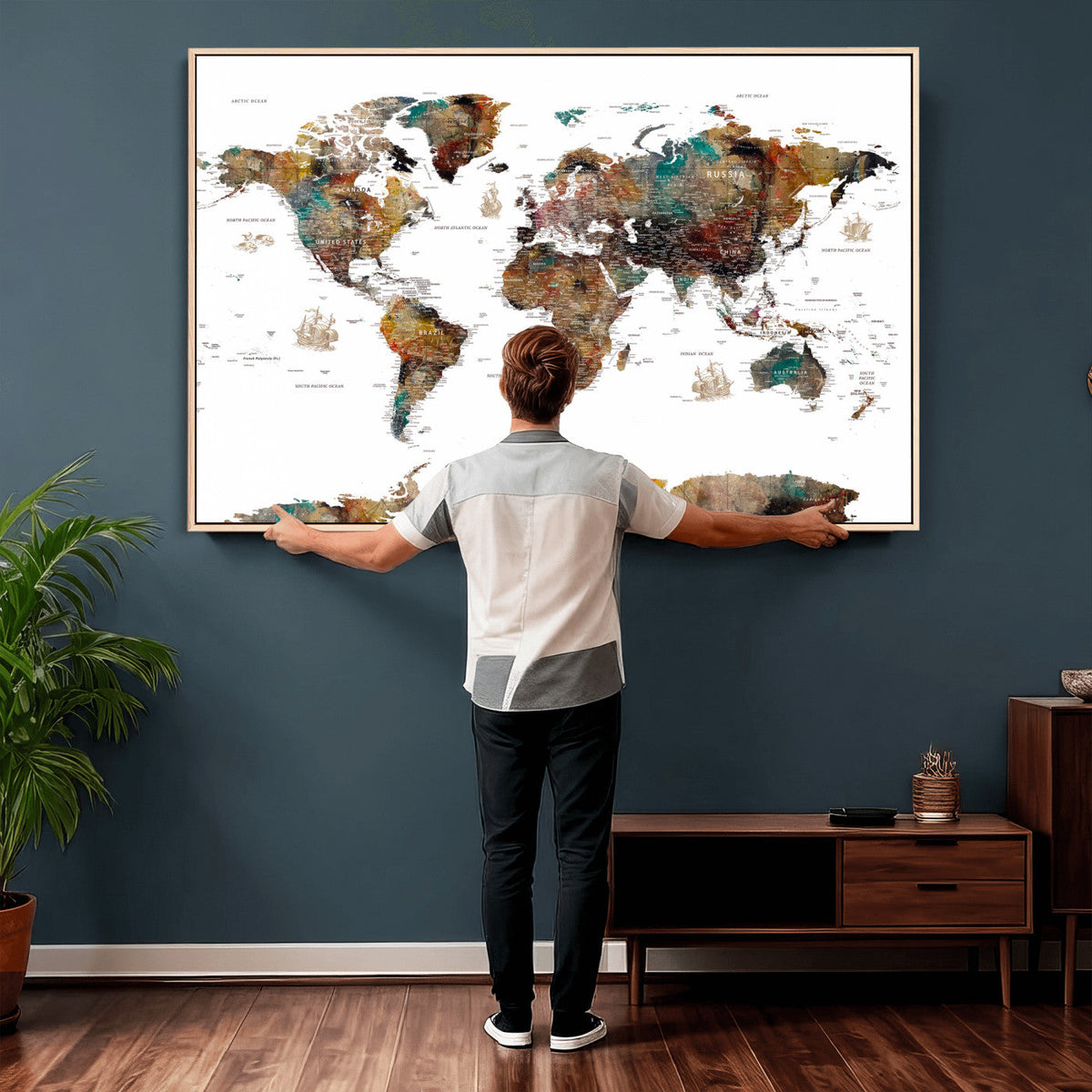 Watercolor World Map Canvas Print – Detailed Map of the