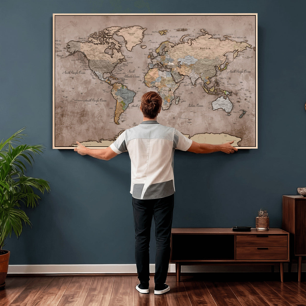 Grunge World Map Canvas Wall Art - Vintage Aged World Map