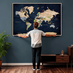 Minimalist World Map Canvas Wall Art - Watercolor Blue and