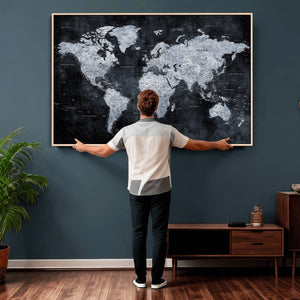 Black World Map Canvas Print – Detailed Map for Couples and