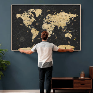 Vintage Blue and Brown World Map Canvas Wall Art – Framed