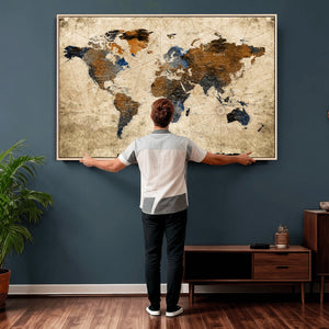 World Map Wall Art – Rustic Earth Tone Canvas Print, Antique