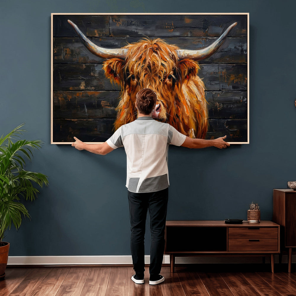 Highland Cow Wall Art Canvas Print, Rustic Farm Animal