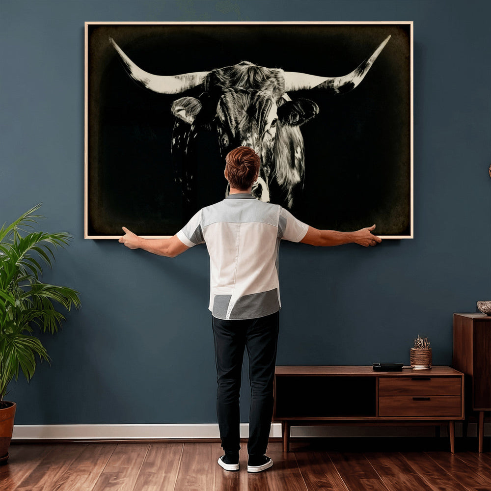 Black Bull Wall Art Canvas Print, Texas Longhorn Portrait