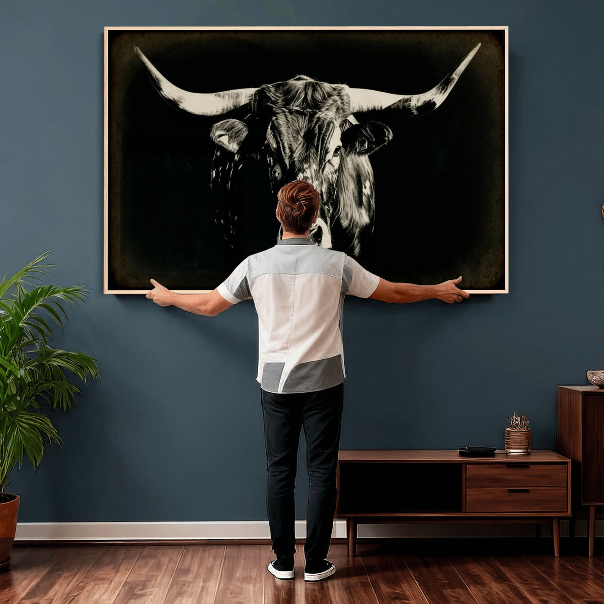 Black Bull Wall Art Canvas Print, Texas Longhorn Portrait