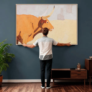Minimal Longhorn Bull Wall Art Canvas Print, Neutral Western