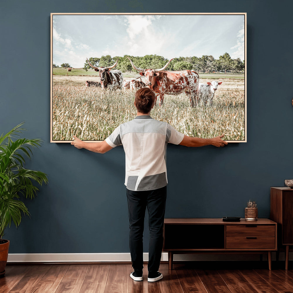 Texas Longhorn Cattle Wall Art Canvas Print, Rustic Ranch