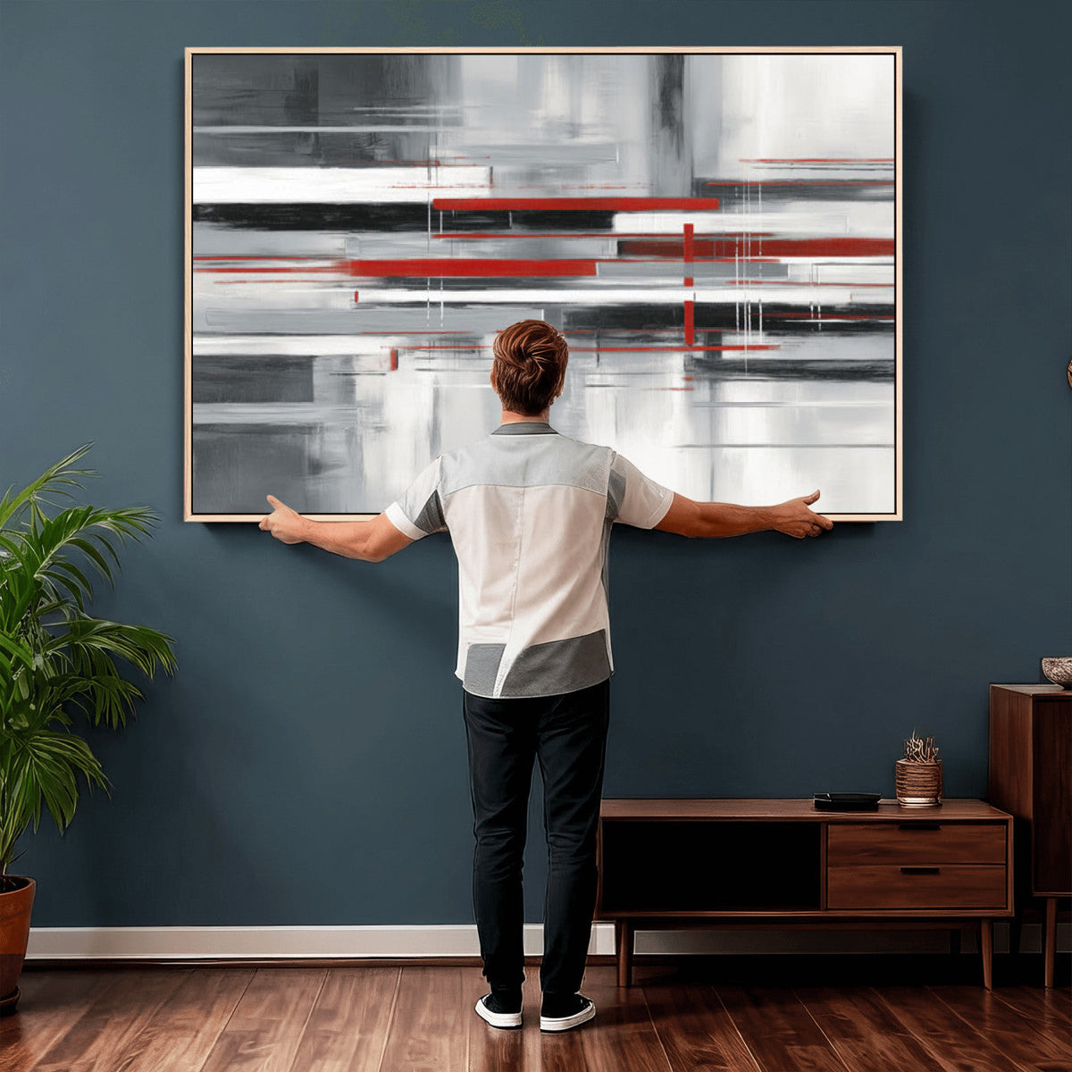 Gray Red Abstract Wall Art Canvas Print, Modern Abstract