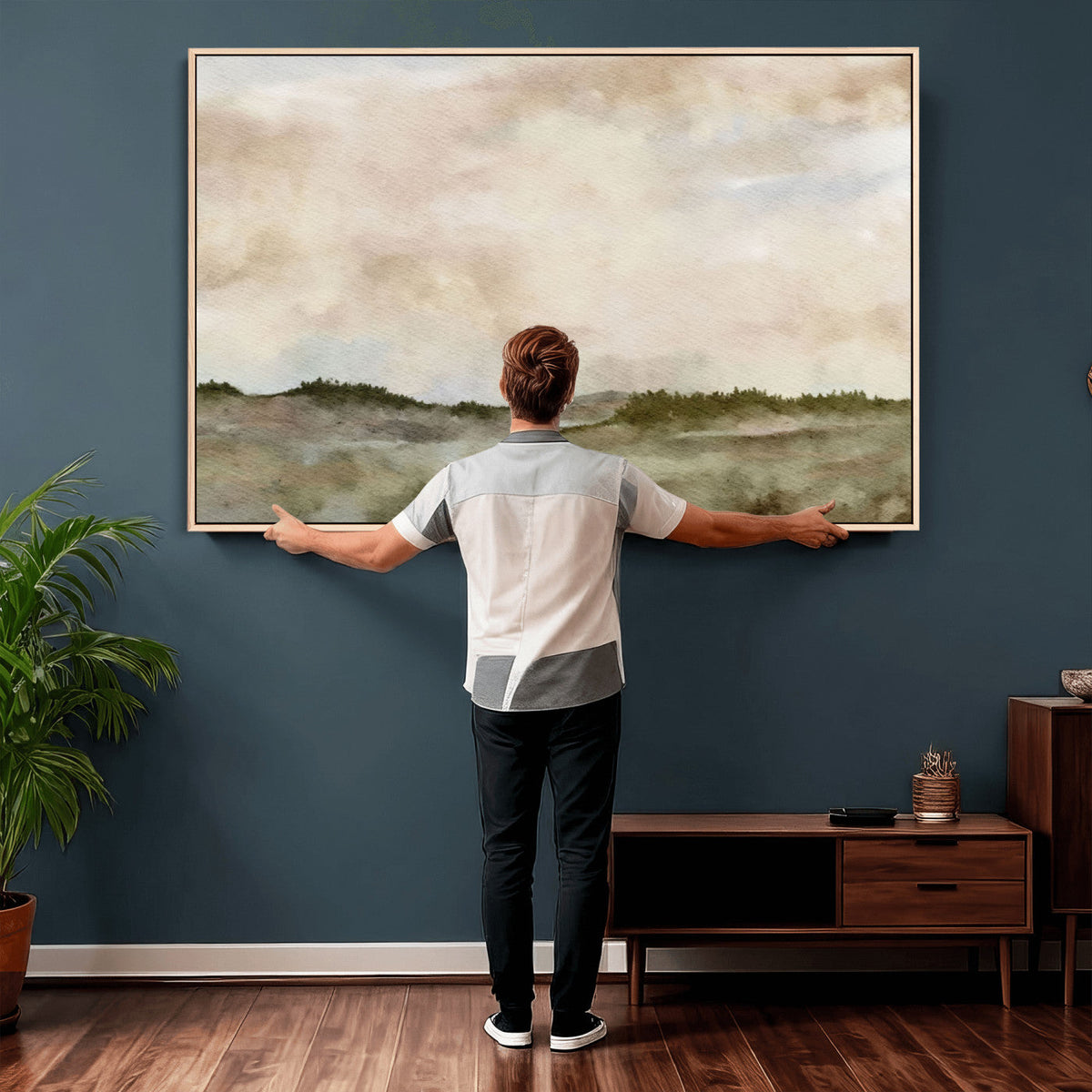 Muted Watercolor Hill Landscape Print — Beige Taupe Cloudy