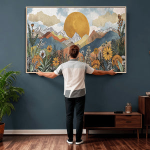 Boho Mountain Landscape Large Wall Art, Horizontal Gold