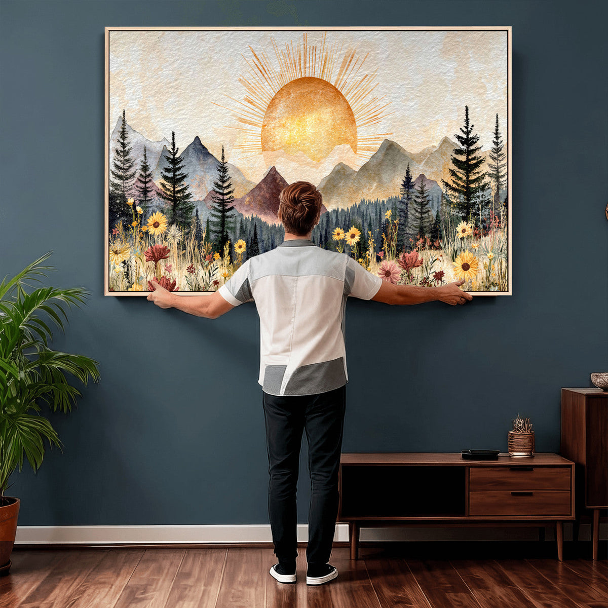 Boho Mountain Landscape Large Wall Art, Horizontal Gold