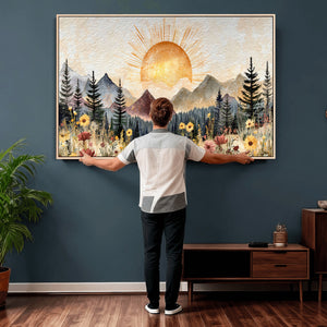 Boho Mountain Landscape Large Wall Art, Horizontal Gold