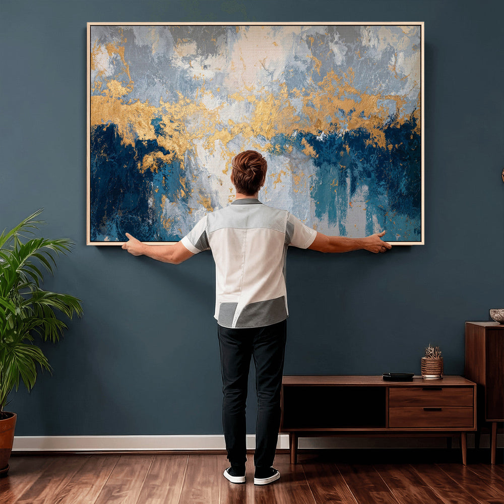 Blue Gold Abstract Large Framed Canvas Wall Art, Modern