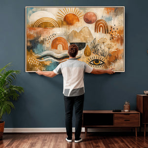 Geometric Boho Abstract Wall Art Canvas Print, Orange Blue