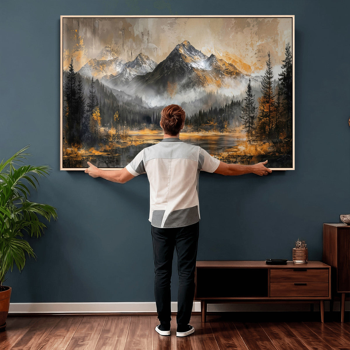 Mountain Lake Canvas Wall Art — Rustic Forest Landscape