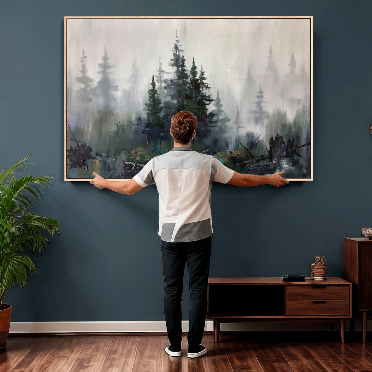 Misty Pine Forest Oil Painting Canvas — Dark Moody Teal Grey
