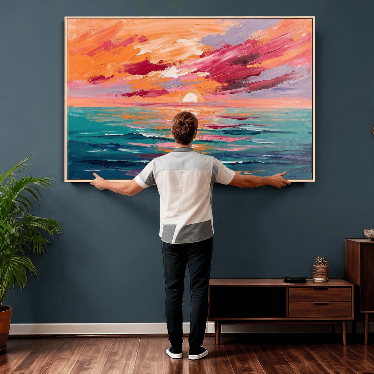 Bold Palette Knife Ocean Sunset Canvas — Orange Pink Teal