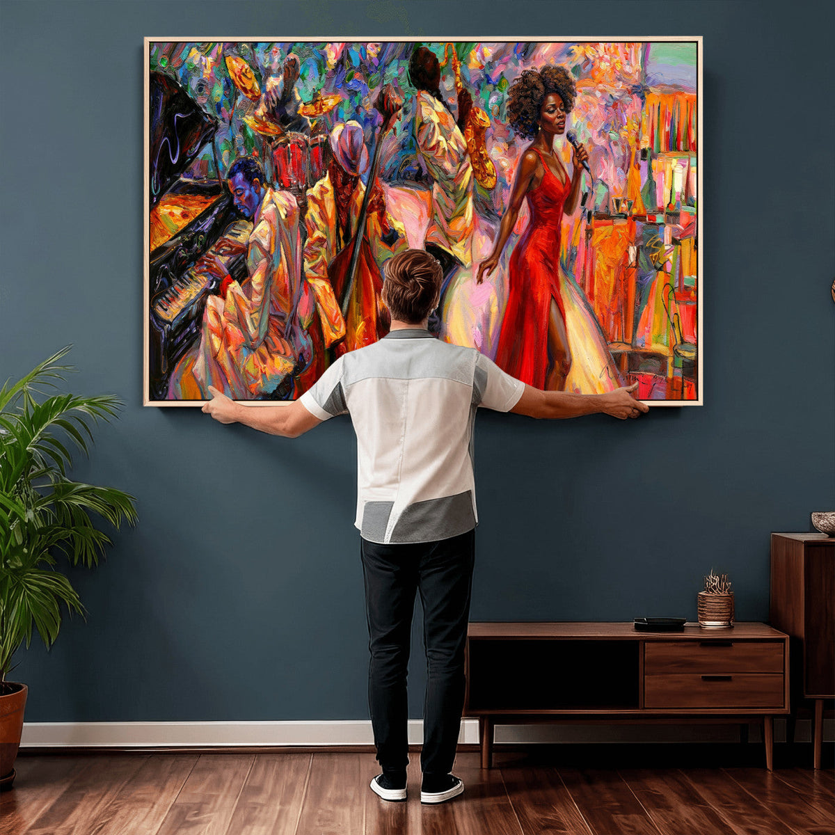 African American Jazz Singer Canvas Art — Red Dress Black