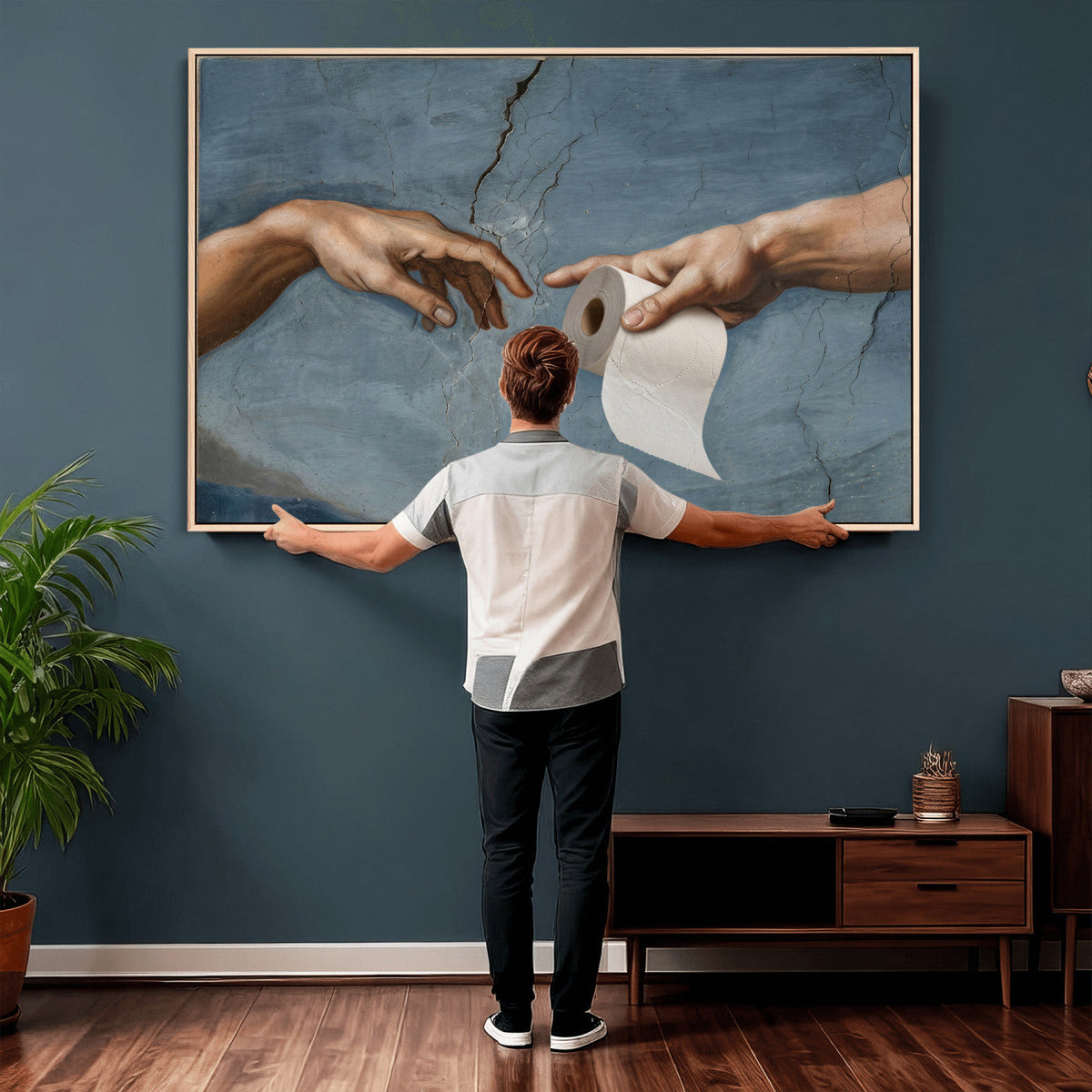 Funny Bathroom Canvas Wall Art, Michelangelo Creation of
