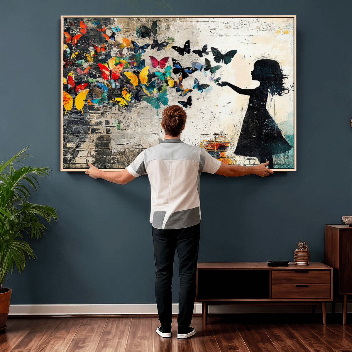 Banksy Butterfly Girl Wall Art Canvas Print, Framed Street