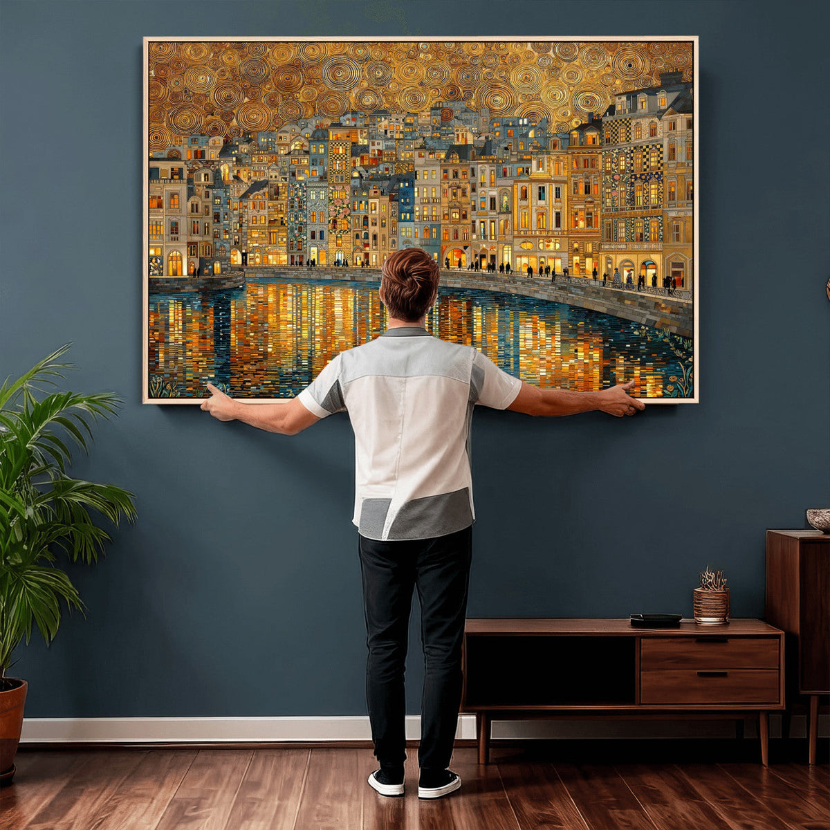 Gustav Klimt Golden Cityscape Wall Art Canvas Print, Framed