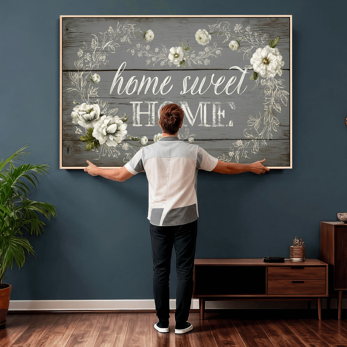 Home Sweet Home Wall Art Canvas Print, Floral Farmhouse