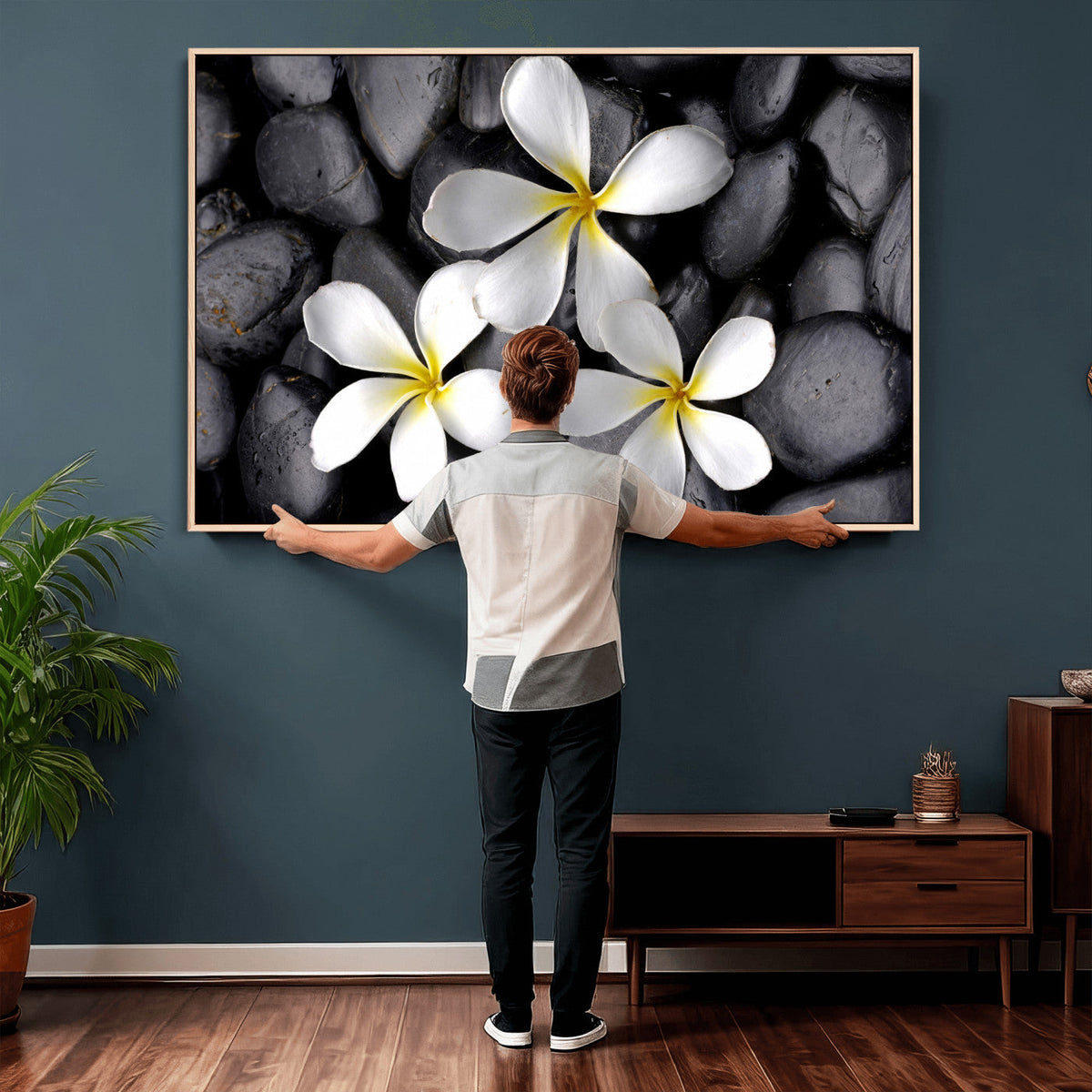 Plumeria Frangipani Black Stone Canvas | White Flower Spa