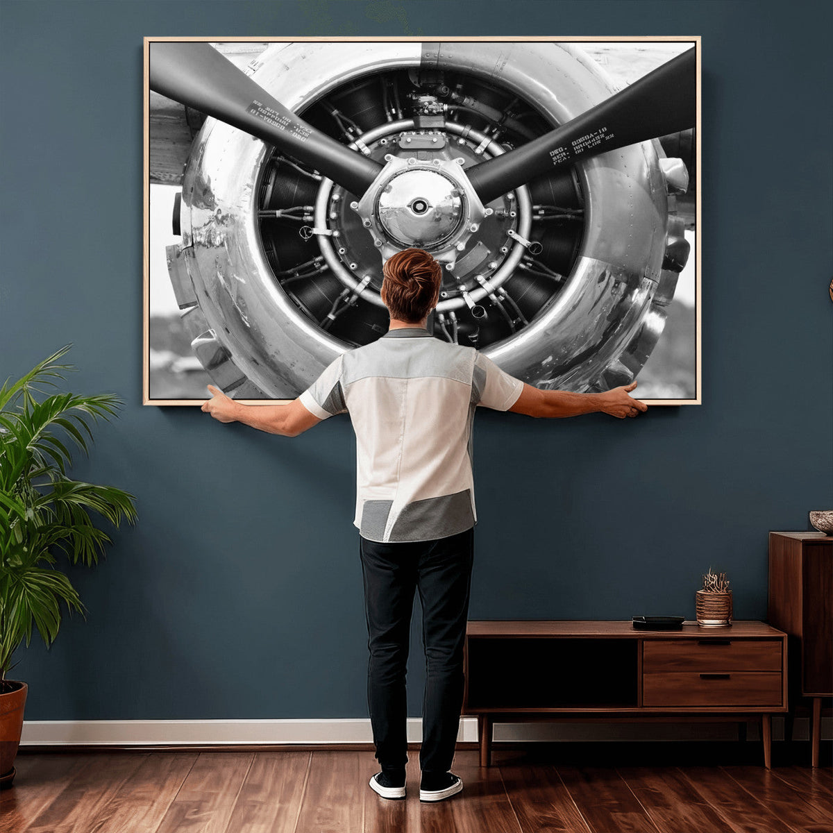 Vintage Propeller Plane Wall Art Canvas Print, Black and