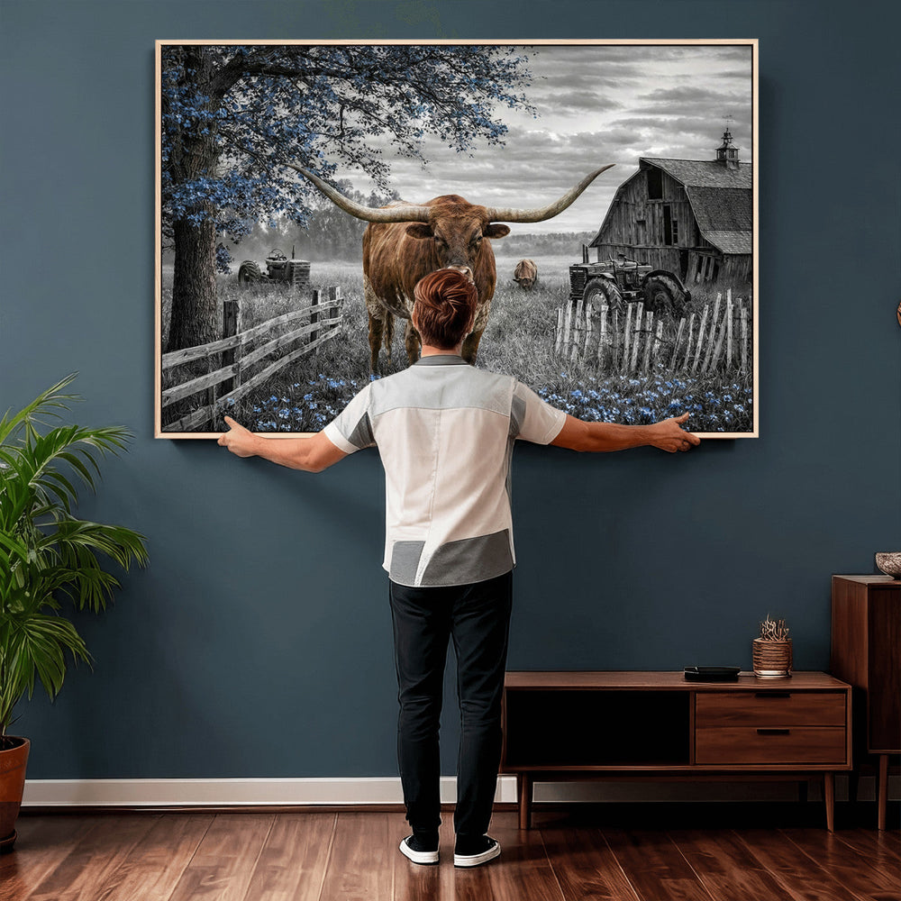 Texas Longhorn Canvas Wall Art, Rustic Farm Barn Bluebonnet