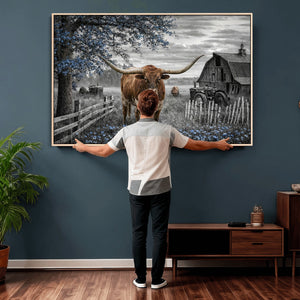 Texas Longhorn Canvas Wall Art, Rustic Farm Barn Bluebonnet