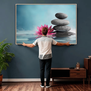 Zen Canvas Wall Art Lotus Flower Stacked Stones Teal Spa