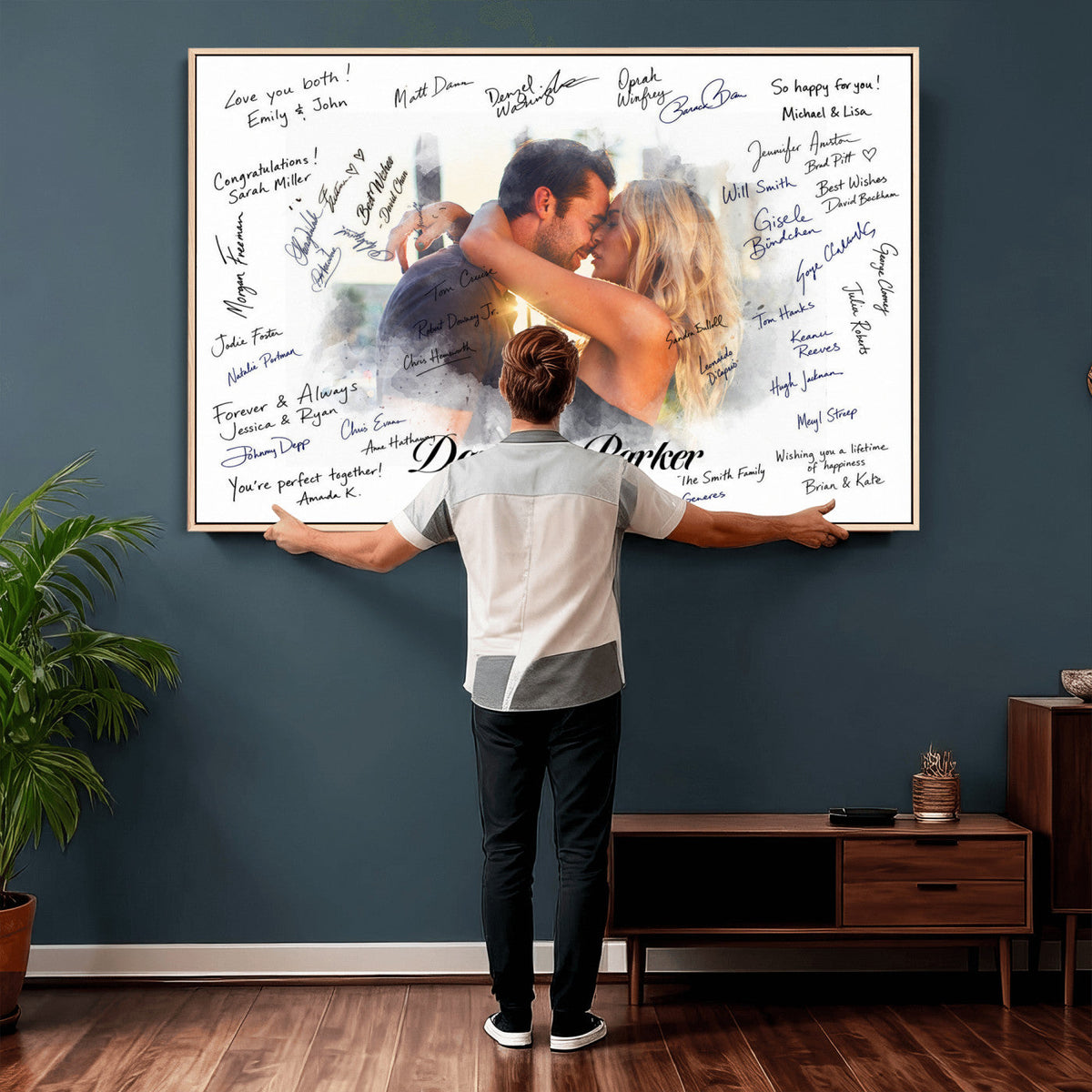 Wedding Guest Book Alternative Wall Art Canvas Print, Personalized Wedding Signature Poster, Custom Couple Photo Guestbook Canvas, Bridal Shower Reception Decor