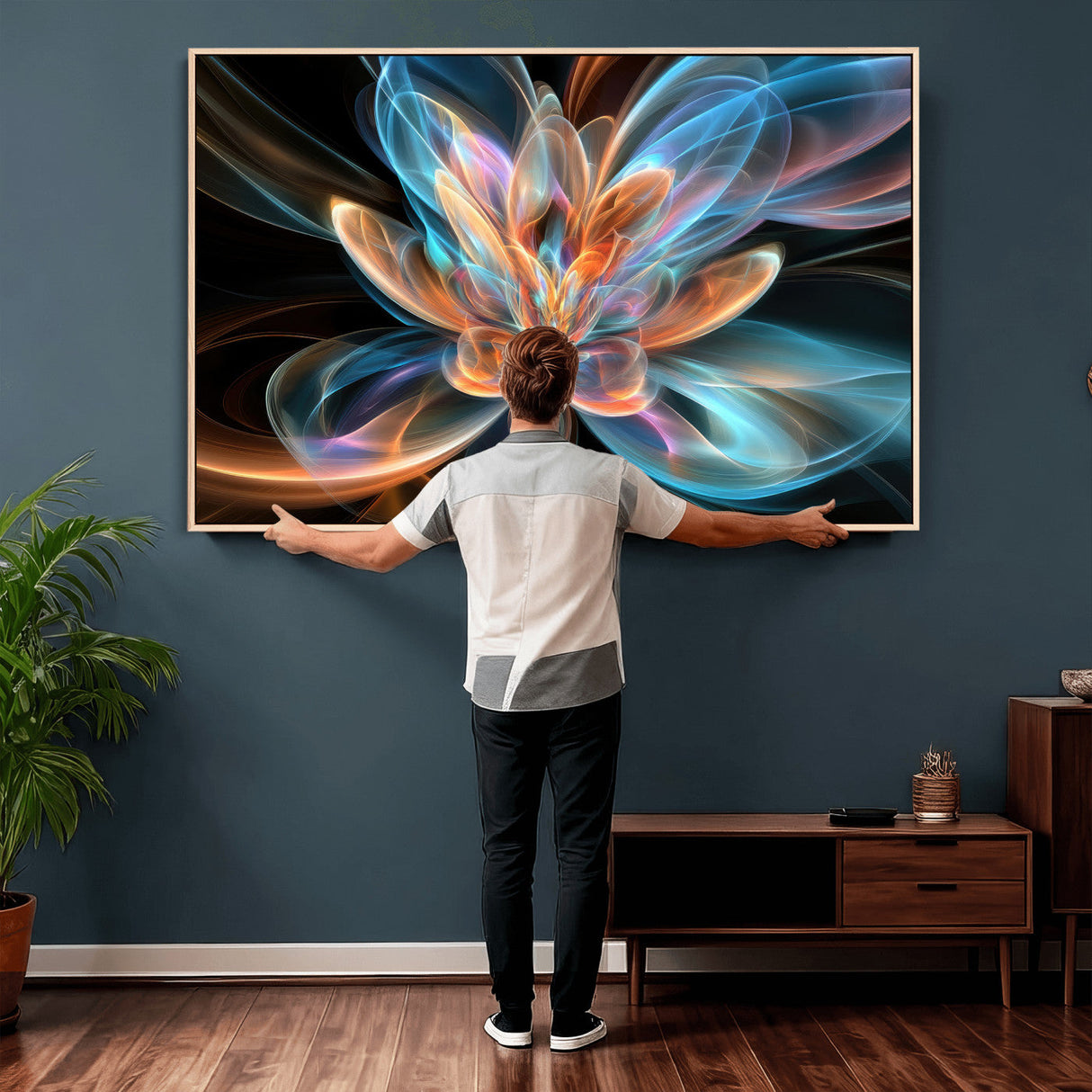 Fractal Lotus Canvas Wall Art, Blue Orange Glowing Flower Abstract Print, Modern Zen Meditation Room Decor, Ethereal Digital Art, Living Room
