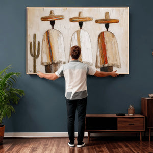 Mexican Wall Art Canvas Print, Southwestern Sombrero Poncho Painting, Neutral Earthy Boho Decor, Fiesta Living Room Art, Impasto Style Print