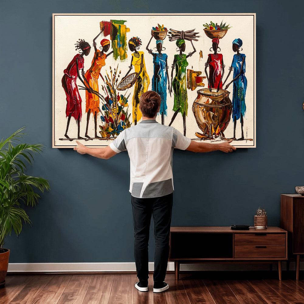 African Folk Art Canvas Wall Art, Colorful African Women Village Painting Print, Tribal Ethnic Home Decor, Vibrant African Art, Living Room