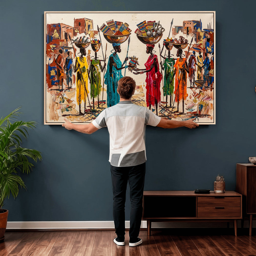African Folk Art Canvas Wall Art, Colorful African Women Village Painting Print, Tribal Ethnic Home Decor, Vibrant African Art, Living Room
