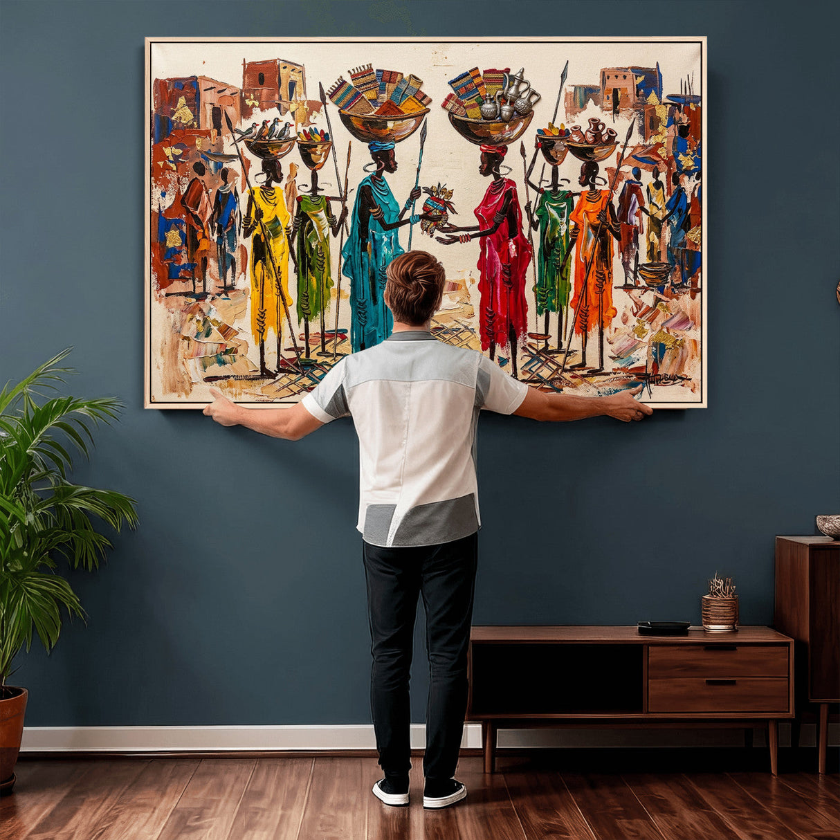 African Folk Art Canvas Wall Art, Colorful African Women Village Painting Print, Tribal Ethnic Home Decor, Vibrant African Art, Living Room