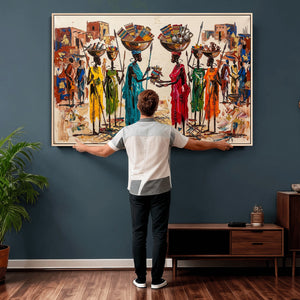 African Folk Art Canvas Wall Art, Colorful African Women Village Painting Print, Tribal Ethnic Home Decor, Vibrant African Art, Living Room