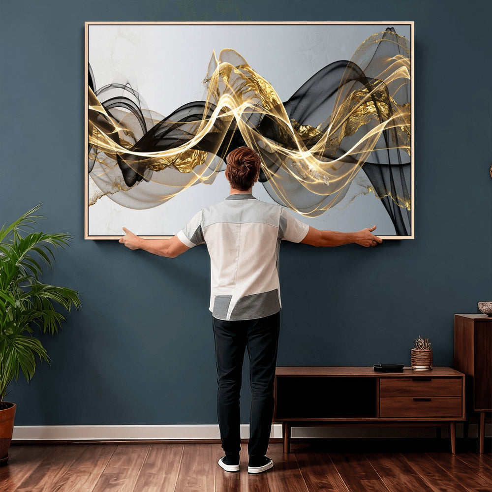 Black and Gold Abstract Wall Art, Modern Wave Canvas Print, Elegant Flowing Smoke Art, Luxury Living Room Decor