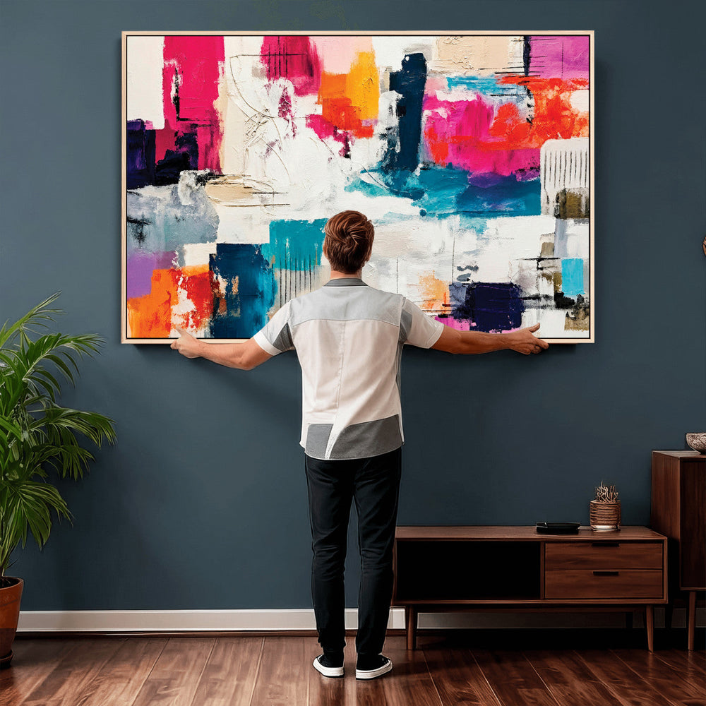 Blue Teal Abstract Canvas Wall Art, Modern Textured Painting Print, Navy Orange White Contemporary Art, Neutral Living Room Decor, Office Art