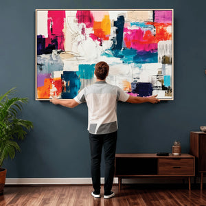 Blue Teal Abstract Canvas Wall Art, Modern Textured Painting Print, Navy Orange White Contemporary Art, Neutral Living Room Decor, Office Art