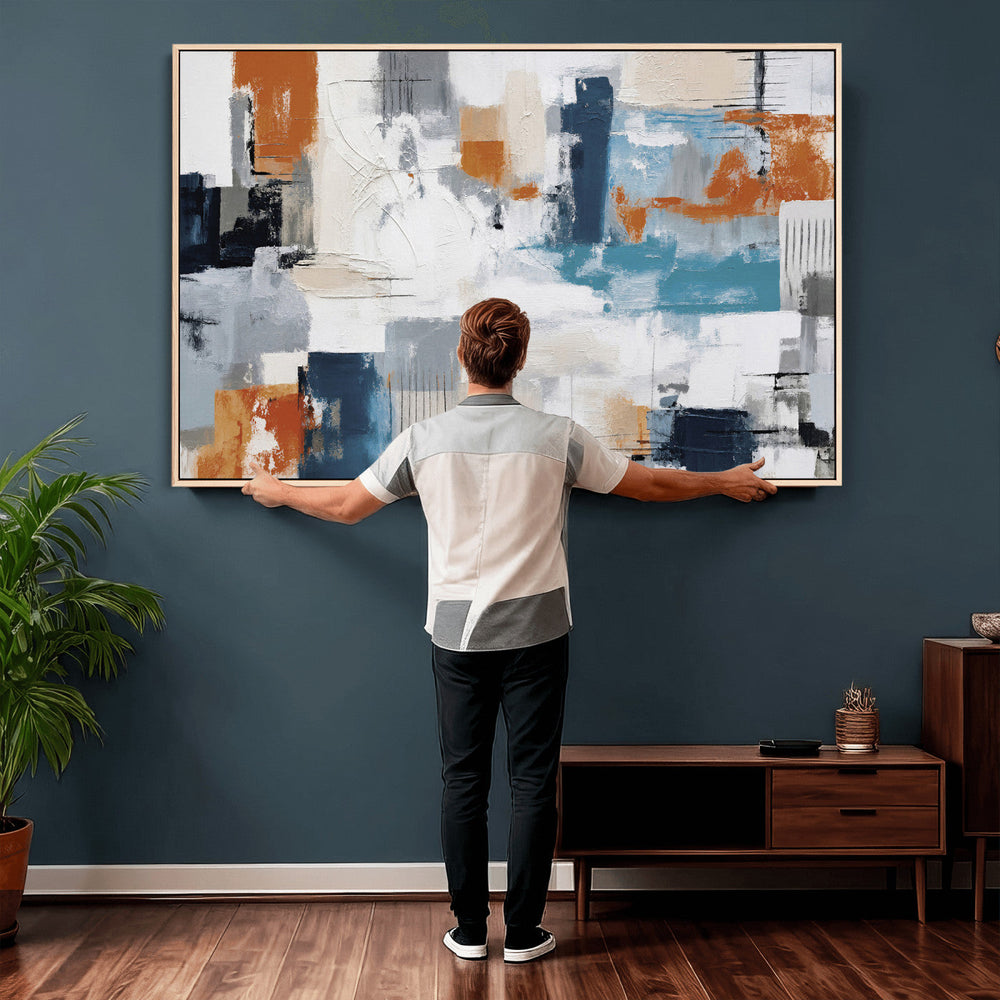 Blue Teal Abstract Canvas Wall Art, Modern Textured Painting Print, Navy Orange White Contemporary Art, Neutral Living Room Decor, Office Art