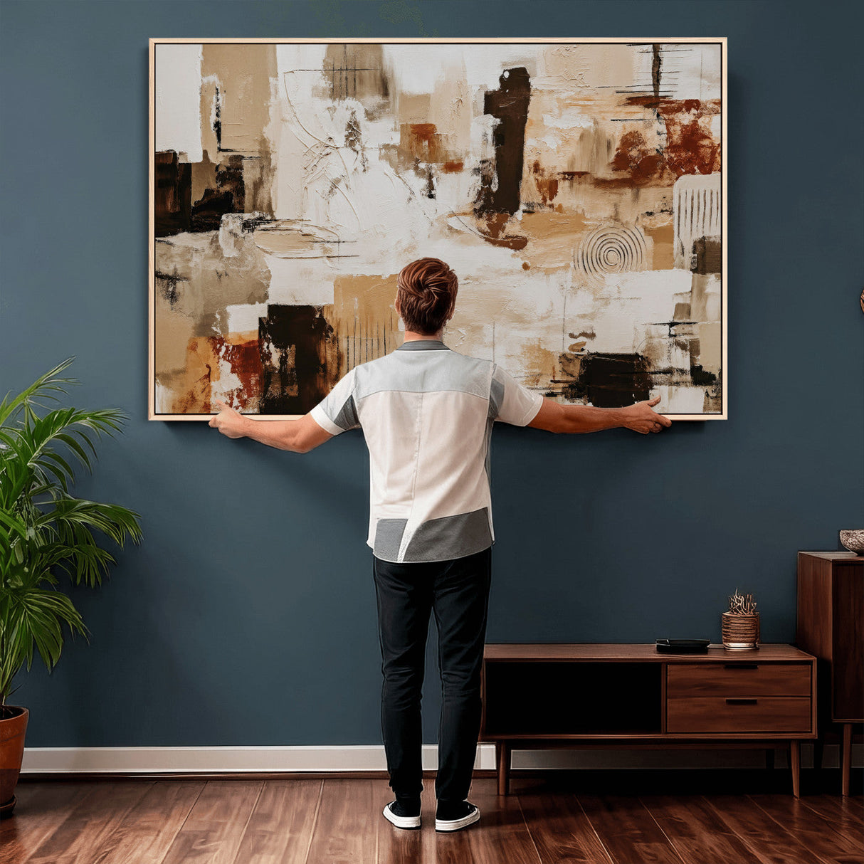 Blue Teal Abstract Canvas Wall Art, Modern Textured Painting Print, Navy Orange White Contemporary Art, Neutral Living Room Decor, Office Art
