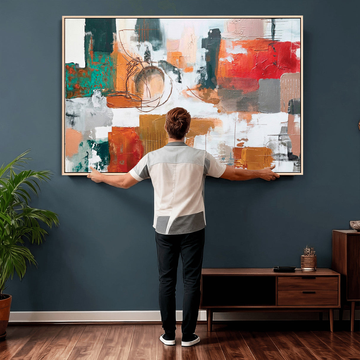 Blue Teal Abstract Canvas Wall Art, Modern Textured Painting Print, Navy Orange White Contemporary Art, Neutral Living Room Decor, Office Art