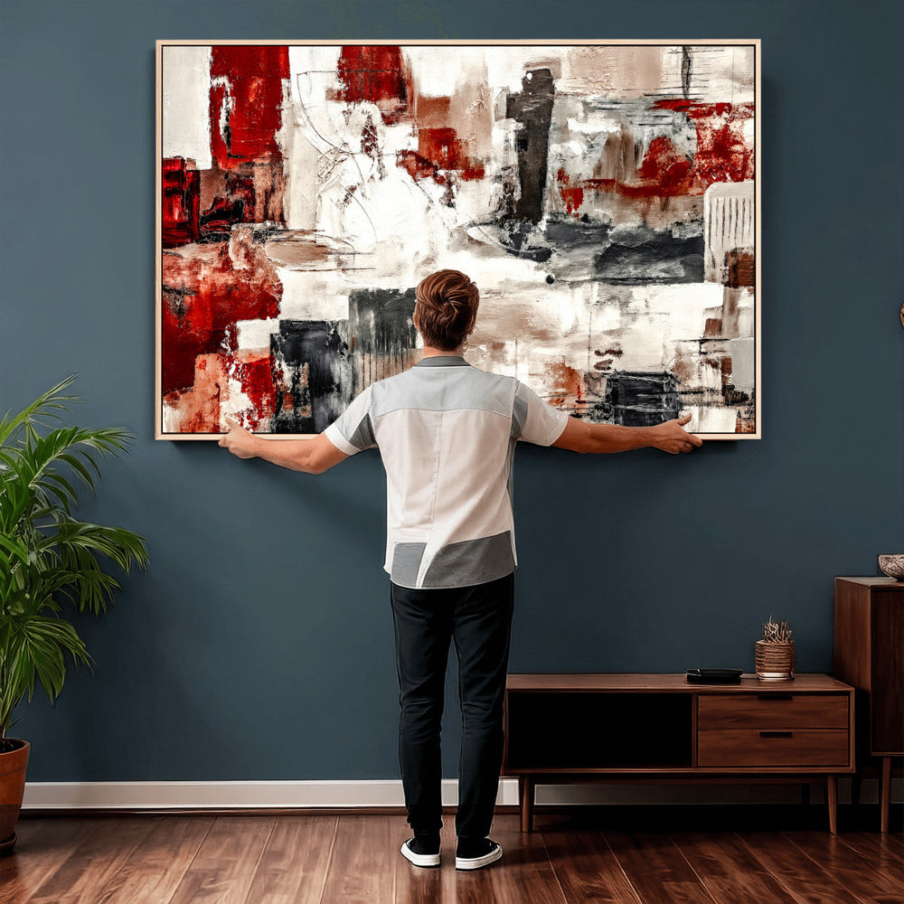 Blue Teal Abstract Canvas Wall Art, Modern Textured Painting Print, Navy Orange White Contemporary Art, Neutral Living Room Decor, Office Art