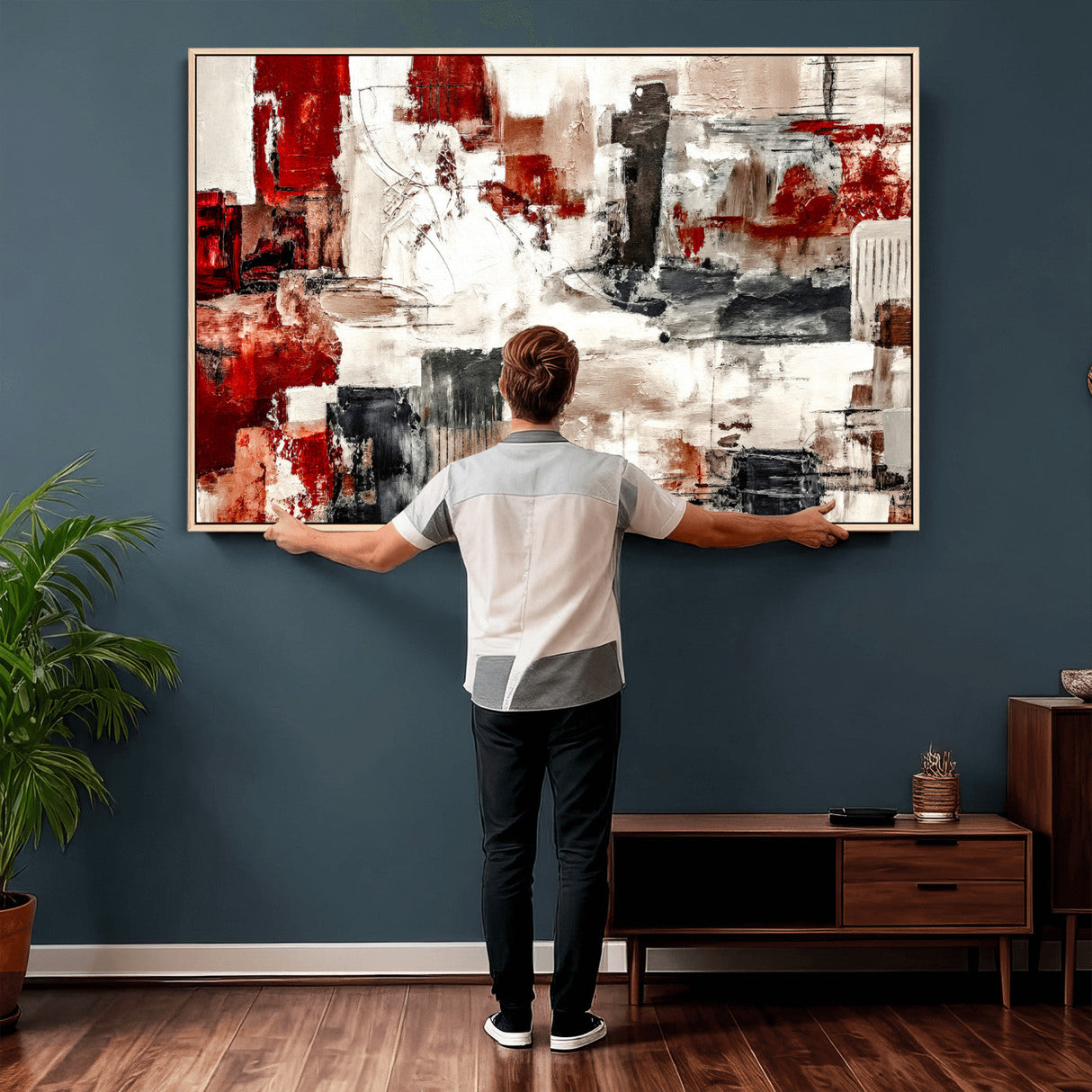 Blue Teal Abstract Canvas Wall Art, Modern Textured Painting Print, Navy Orange White Contemporary Art, Neutral Living Room Decor, Office Art