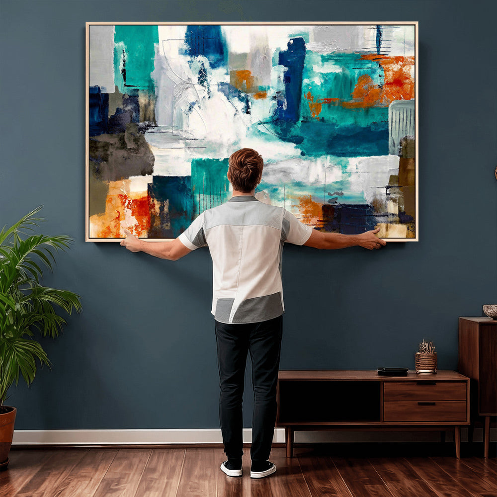 Blue Teal Abstract Canvas Wall Art, Modern Textured Painting Print, Navy Orange White Contemporary Art, Neutral Living Room Decor, Office Art