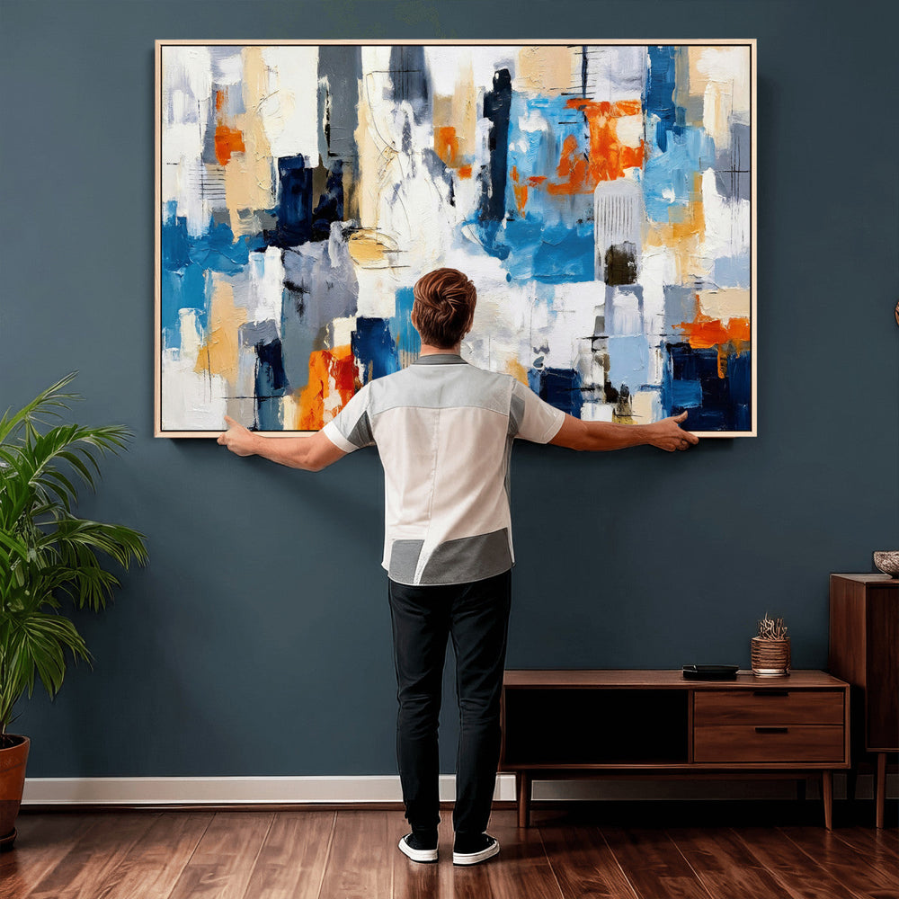 Blue Teal Abstract Canvas Wall Art, Modern Textured Painting Print, Navy Orange White Contemporary Art, Neutral Living Room Decor, Office Art
