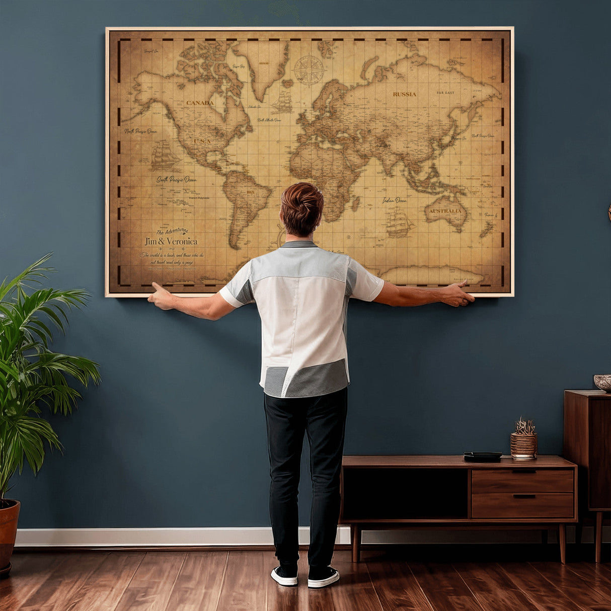 Personalized Push Pin World Map, Vintage Travel Map Canvas, Custom Names Anniversary Gift, Places Visited Pin Board, Couples Adventure Art
