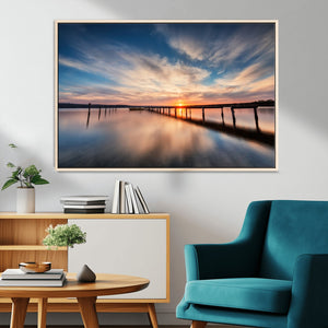 Wooden Pier on Seascape and Sunset Wall Art Canvas Print